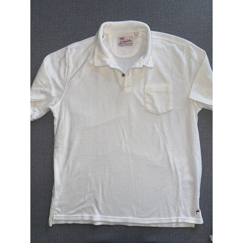 Kahala Mens Terry Cloth Towel Polo Shirt White Short Sleeve Palm Tree Logo 2XL